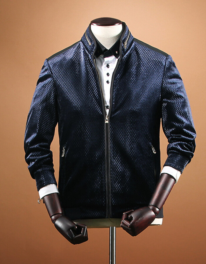 MEERYCO 2015年秋冬新款專柜產品 男士金絲絨韓版格紋PU拼接加厚立領休閑外套 深藍色 XXXL