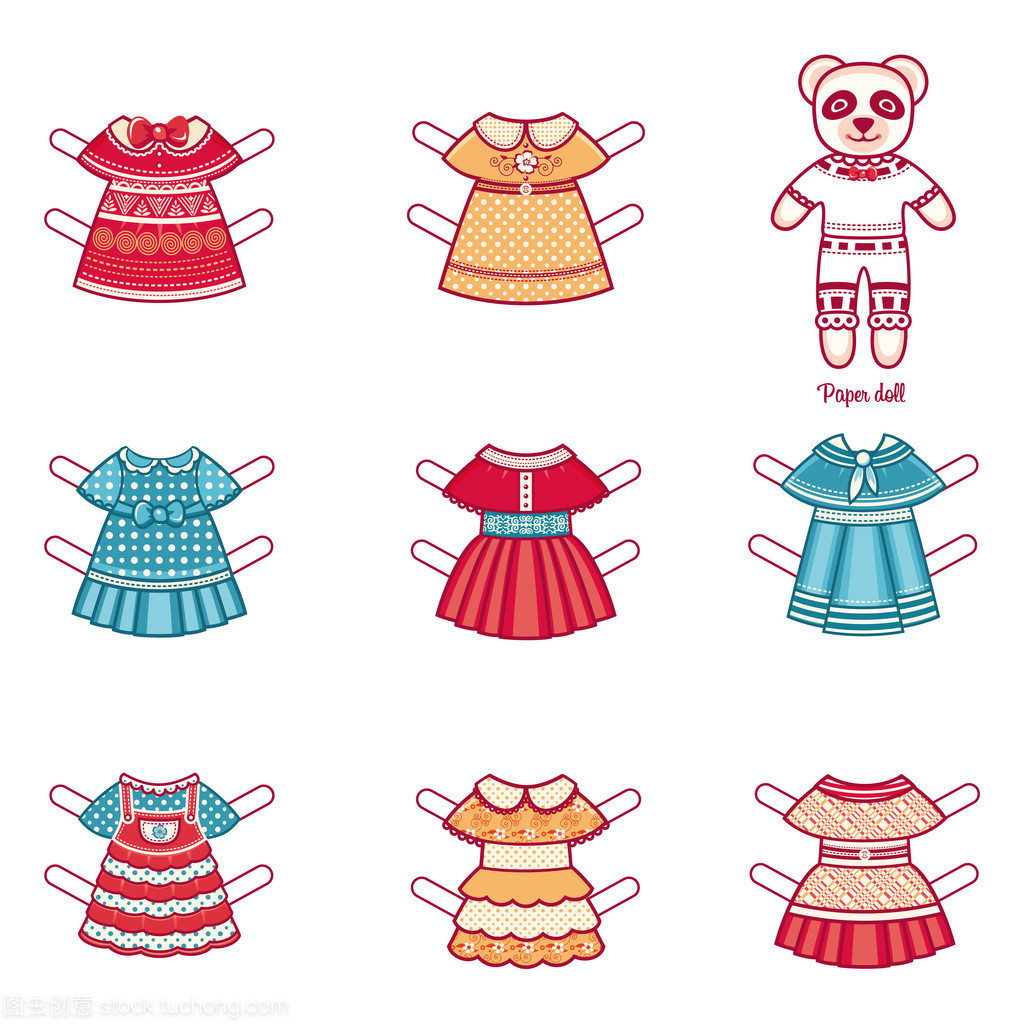 與一組時尚服裝的紙娃娃。白色背景上的矢量圖